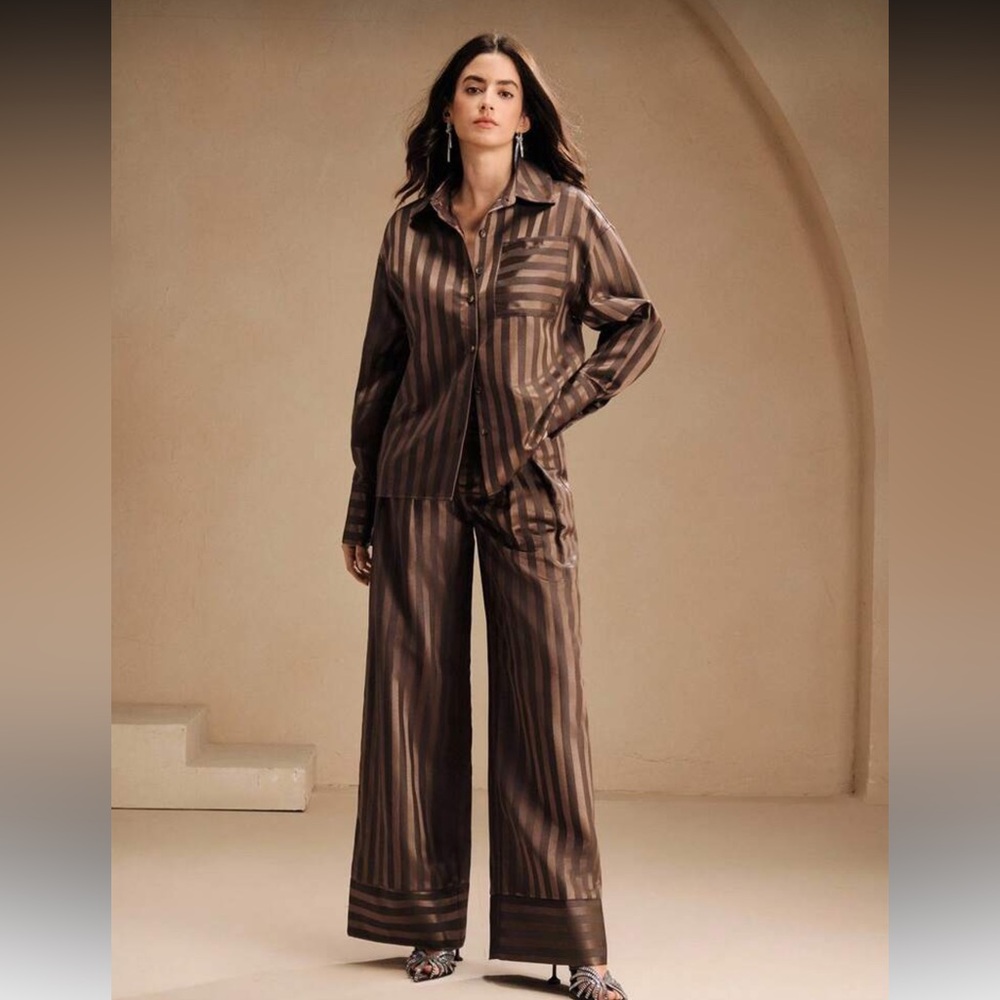 Elegant Brown Striped Women's Wide Leg Set
